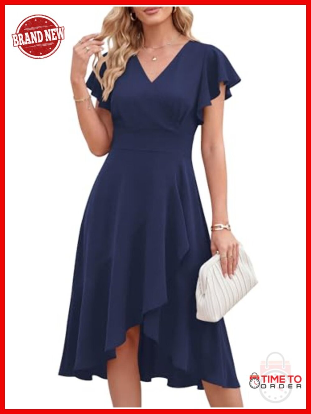 Women's Wrap Midi Dress V-Neck Flutter Sleeve Cocktail Wedding Guest